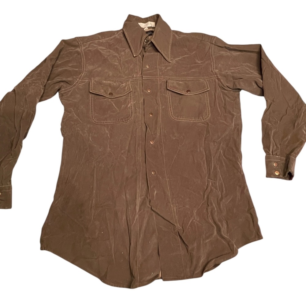 Vintage Famous-Barr Western Shirt .45 Bullet Buttons Brown Twill 1970s Cowboy
